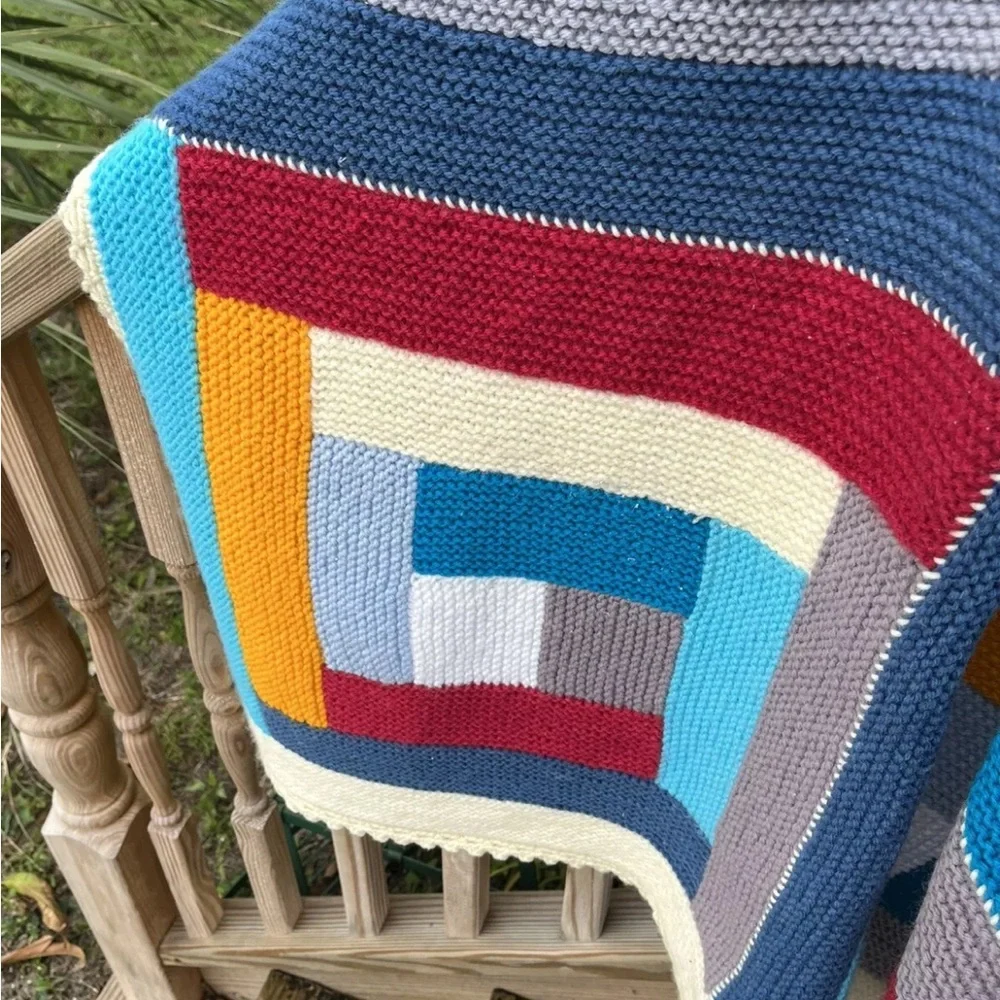 Log Cabin Stripe Afghan Throw Blanket 44” X 66” Knit Crochet Handmade Vintage